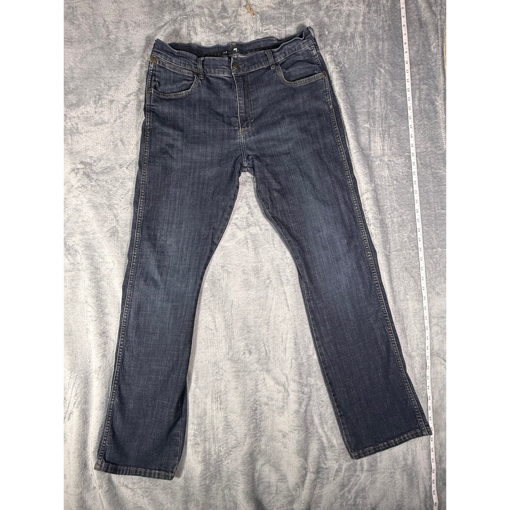 Wrangler Authentic Men Distressed Dark Blue Wash Straight Leg Stretch Jean 36x34